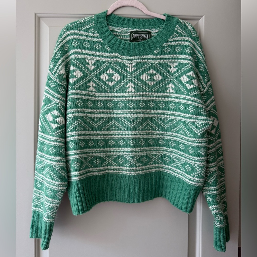 American Eagle Outfitters Kelly Green & White Crewneck Sweater